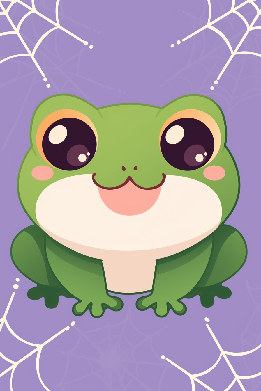 halloween frog drawing ideas 2 featuring a cute frog with a smiling face and large eyes surrounded by spiderwebs against a purple background